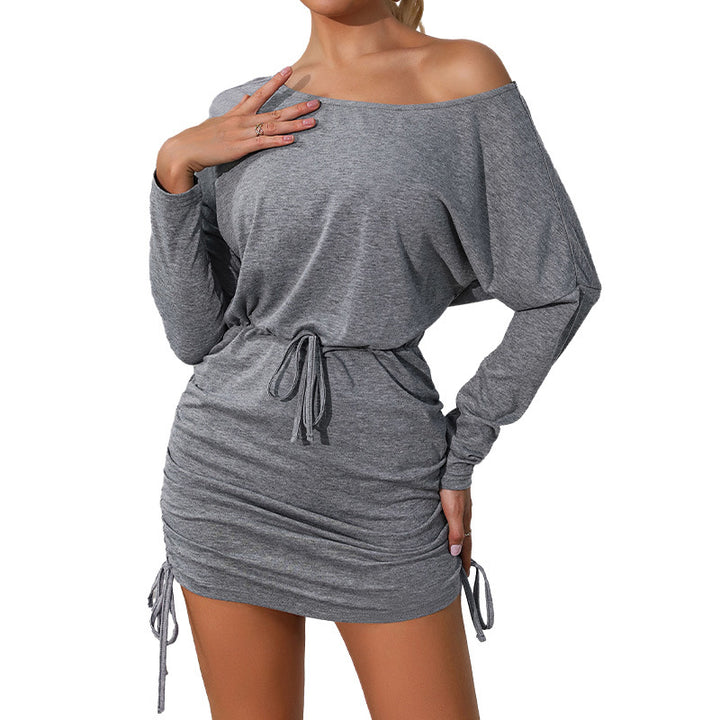 Damen Schulterfreies Feinstrick-Minikleid mit Kordeltaillierung und gerafften Seitenschnüren Drune