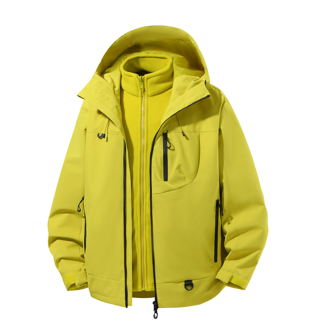 Herren zweiteiliger wasserdichter Softshell-Parka mit herausnehmbarer Fleece-Innenjacke, verstellbarer Kapuze und Multifunktions-Taschen Drune