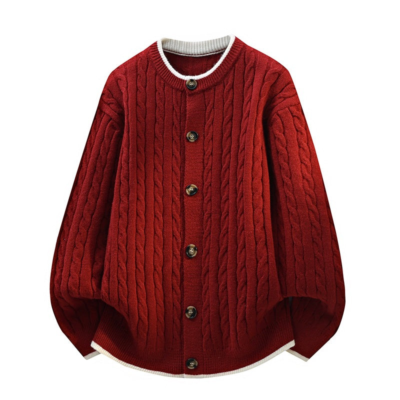 Damen Oversize Zopfstrick-Cardigan mit Rundhalsausschnitt, Holzknopfleiste & Kontrastbesatz Drune