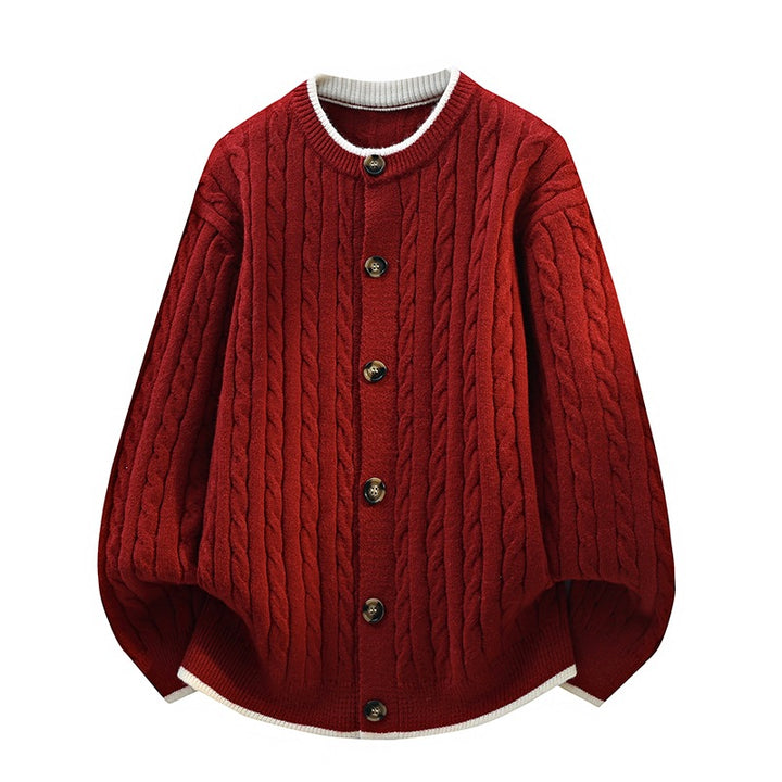 Damen Oversize Zopfstrick-Cardigan mit Rundhalsausschnitt, Holzknopfleiste & Kontrastbesatz Drune
