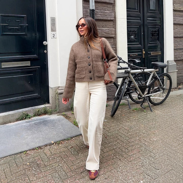 Damen Kurzjacke aus flauschigem Mohair‑Mix mit Knopfleiste & aufgesetzten Taschen Drune