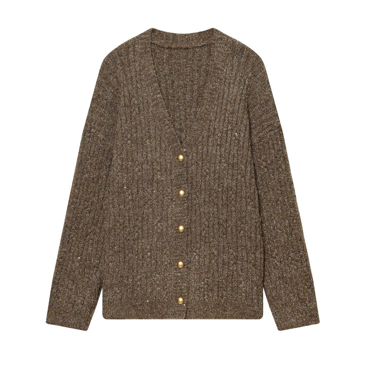 Damen Grobgestrickter Rippencardigan mit goldfarbenen Knöpfen und V-Ausschnitt Drune