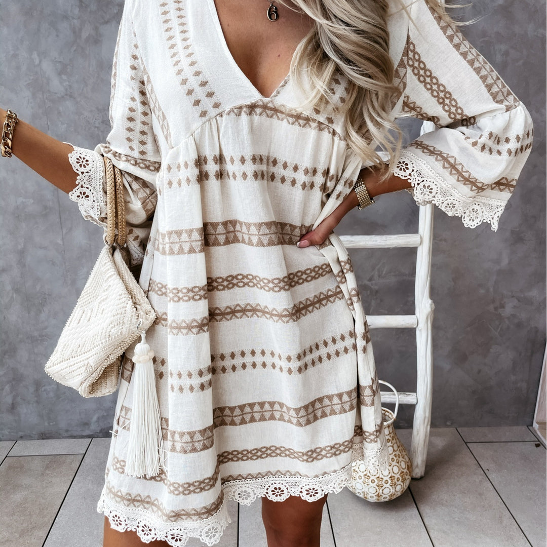 Damen lockeres Boho-Kleid mit Spitze und grafischem Muster Drune