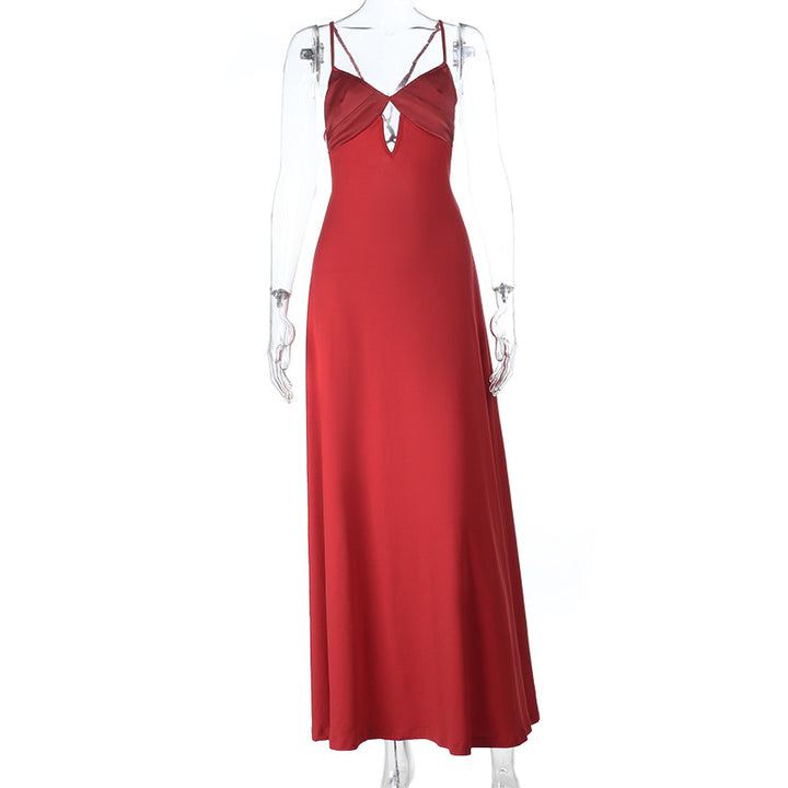 Damen elegantes Maxikleid mit v-förmigem Ausschnitt und feinen Trägern Drune