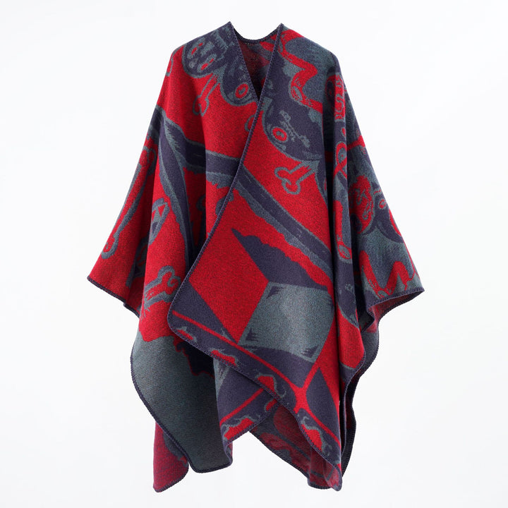Damen Jacquard-Überwurfponcho mit musikalischem Ornament und Rollkante Drune