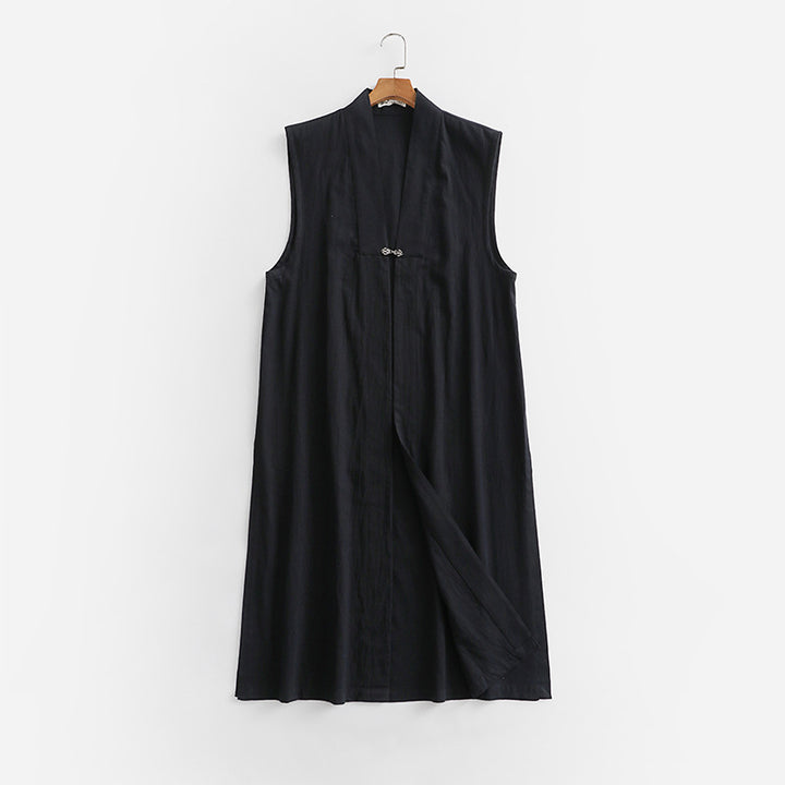 Damen Langer ärmelloser Kimono-Weste aus Leinenmix mit schmaler Schalkante und dekorativem Knebelverschluss Drune