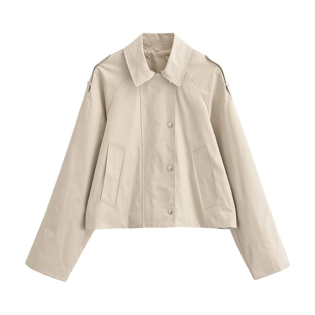 Damen Cropped Trenchjacke im Boxy‑Schnitt mit Schulterklappen und Druckknöpfen Drune