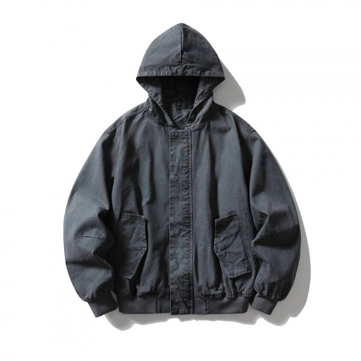 Unisex Boxy-Hoodie-Blousonjacke mit verdeckter Front und Pattentaschen Drune