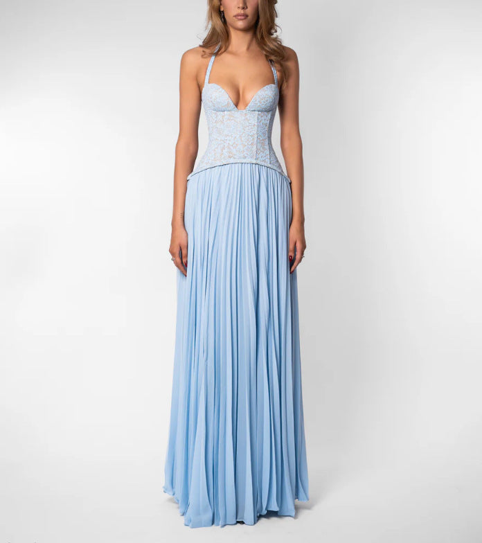 Damen nan Neckholder-Korsettkleid mit Spitzen-Corsage und fließendem Plisseerock Drune