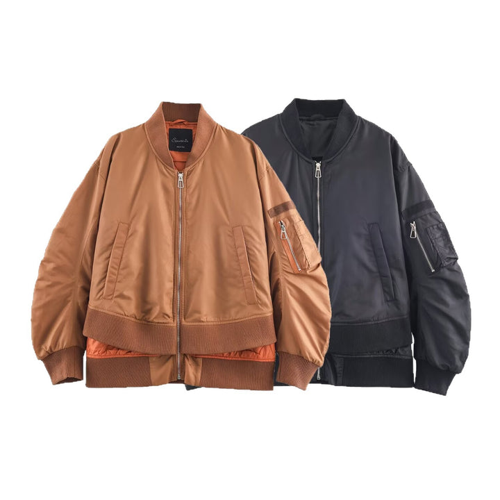 Damen Oversize-Bomberjacke mit wattierter Steppfütterung, Ärmel‑Reißverschlusstasche und breitem Rippbund Drune