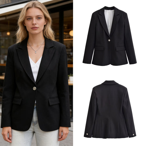 Damen Langer taillierter Ein-Knopf-Blazer mit schmalem Revers und Pattentaschen Drune