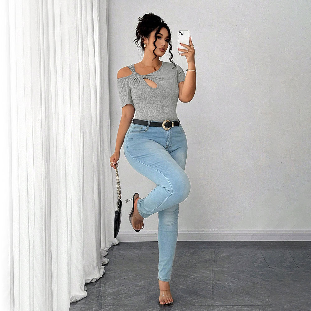 Damen Figurbetontes Kurzarm-Body mit asymmetrischem Ausschnitt und Knotendetail Drune