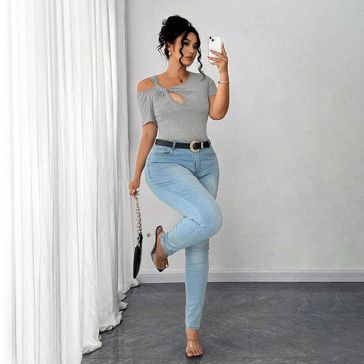 Damen Figurbetontes Kurzarm-Body mit asymmetrischem Ausschnitt und Knotendetail Drune