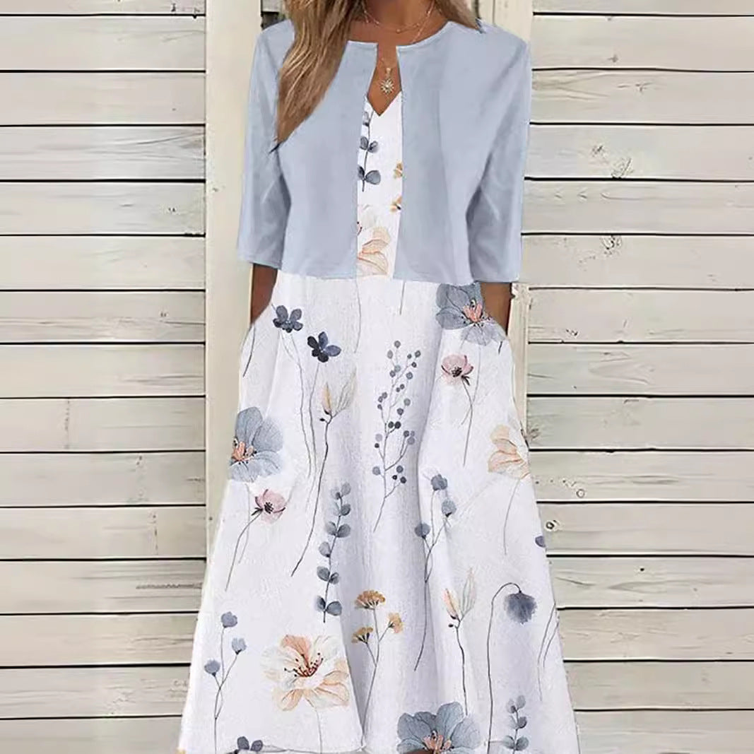 Damen nan Maxikleid mit separatem Bolero, V-Ausschnitt, Eingrifftaschen und floraler A-Linien-Silhouette Drune