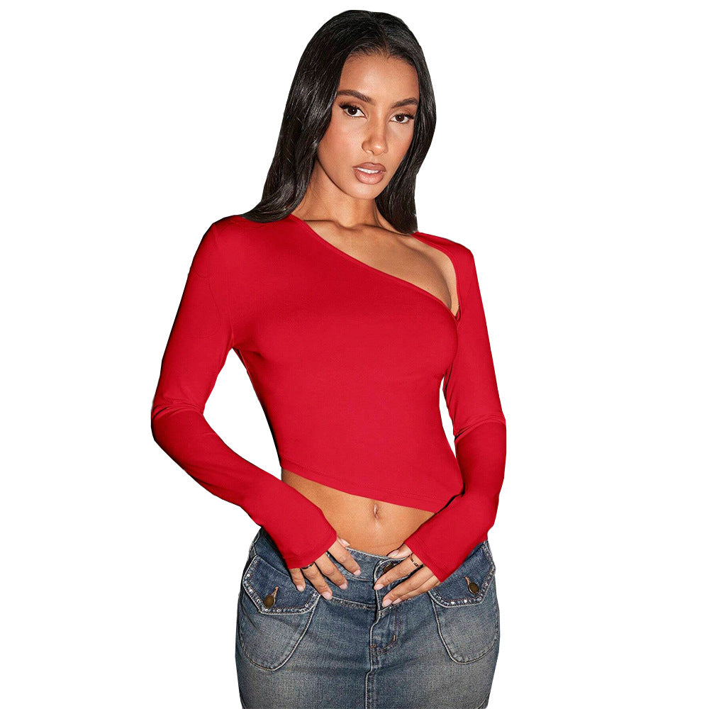 Damen asymmetrisches Langarm-Cropped-Top mit Ein-Schulter-Detail und sculptender Passform Drune