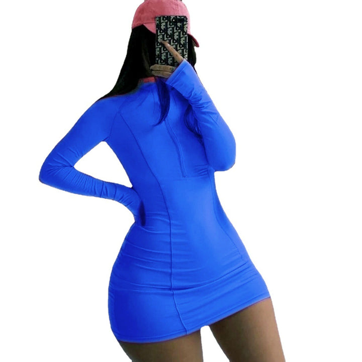 Damen Figurbetontes Langarm-Minikleid mit Stehkragen und Frontreißverschluss Drune