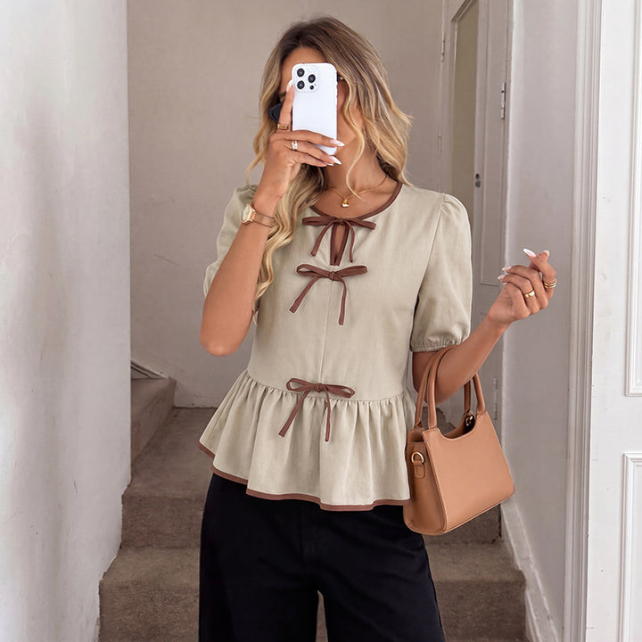 Damen Verspielte Rüschenshirt Bluse mit Schleifen Drune