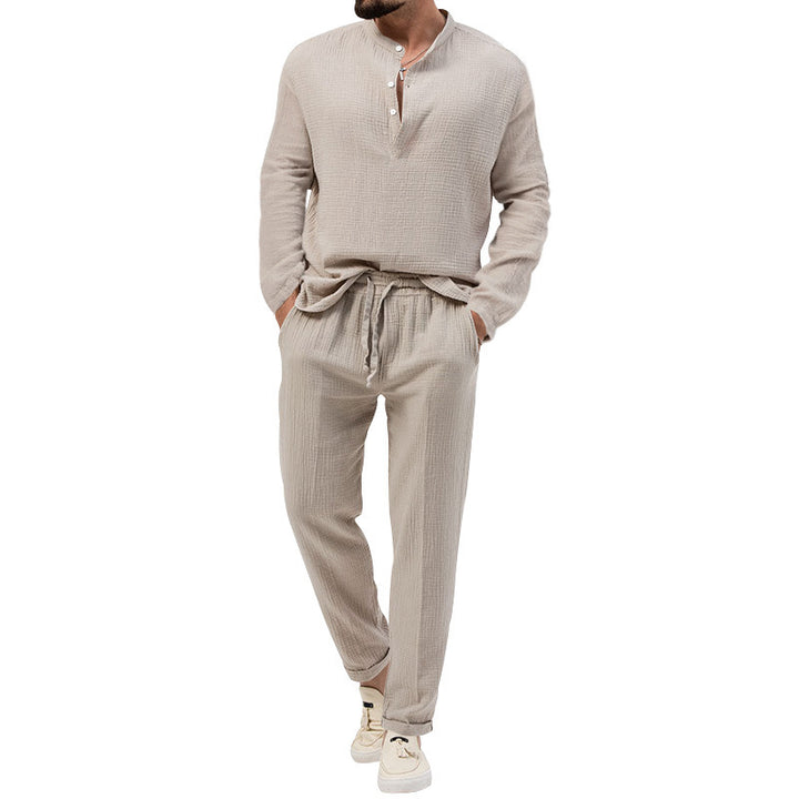 Herren Lässiges Zweiteiliges Lounge-Set aus Baumwoll-Gauze mit Henley-Oberteil und Tunnelzug-Hose Drune