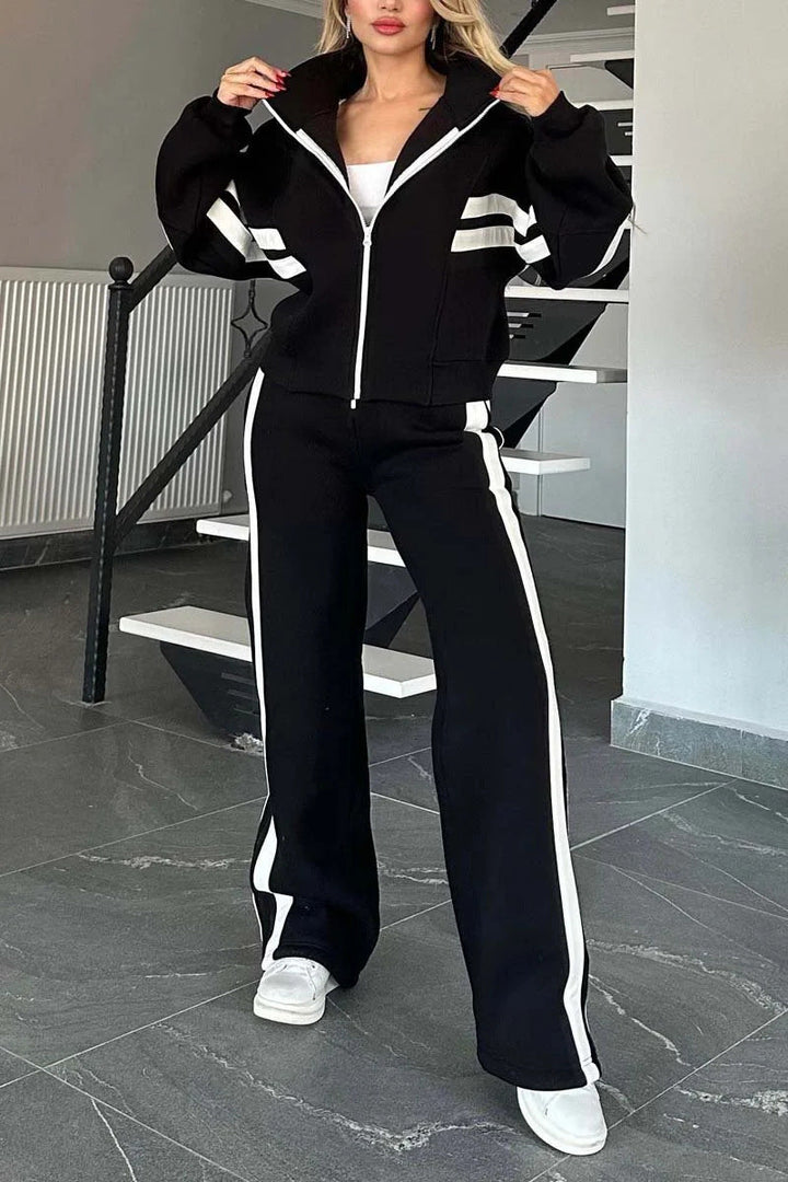 Drune | Gestreifte Zip up Cropped Sweatshirtjacke und Sporthose Zwei Teile Satz