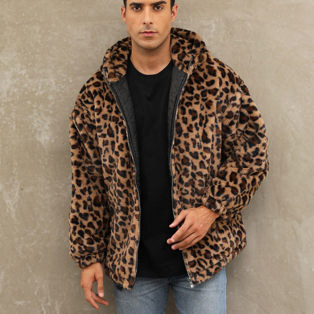 Herren kuschelige Fleecejacke im Leopardenmuster Drune