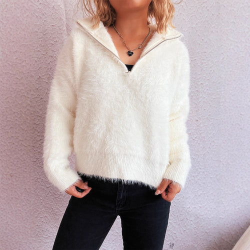 Damen kuscheliger Pullover mit hohem Kragen und Reißverschluss Drune