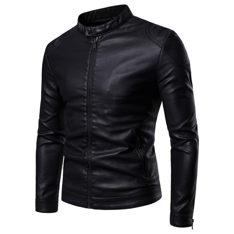 Herren Schlanke Kunstleder-Bikerjacke mit Stehkragen und verdecktem Reißverschluss Drune