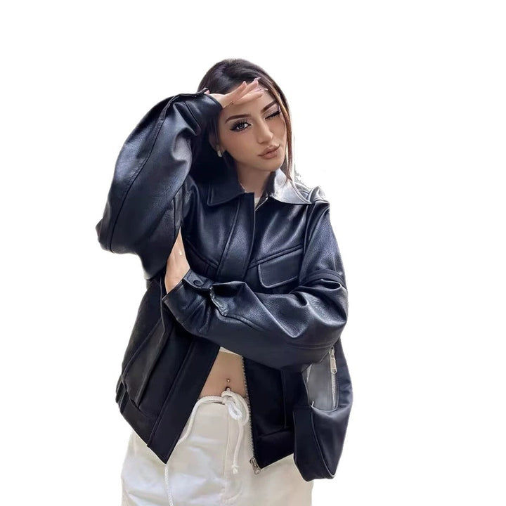 Damen Kurz geschnittene Kunstlederjacke im Boxy Cut mit voluminösen Ballonärmeln Drune