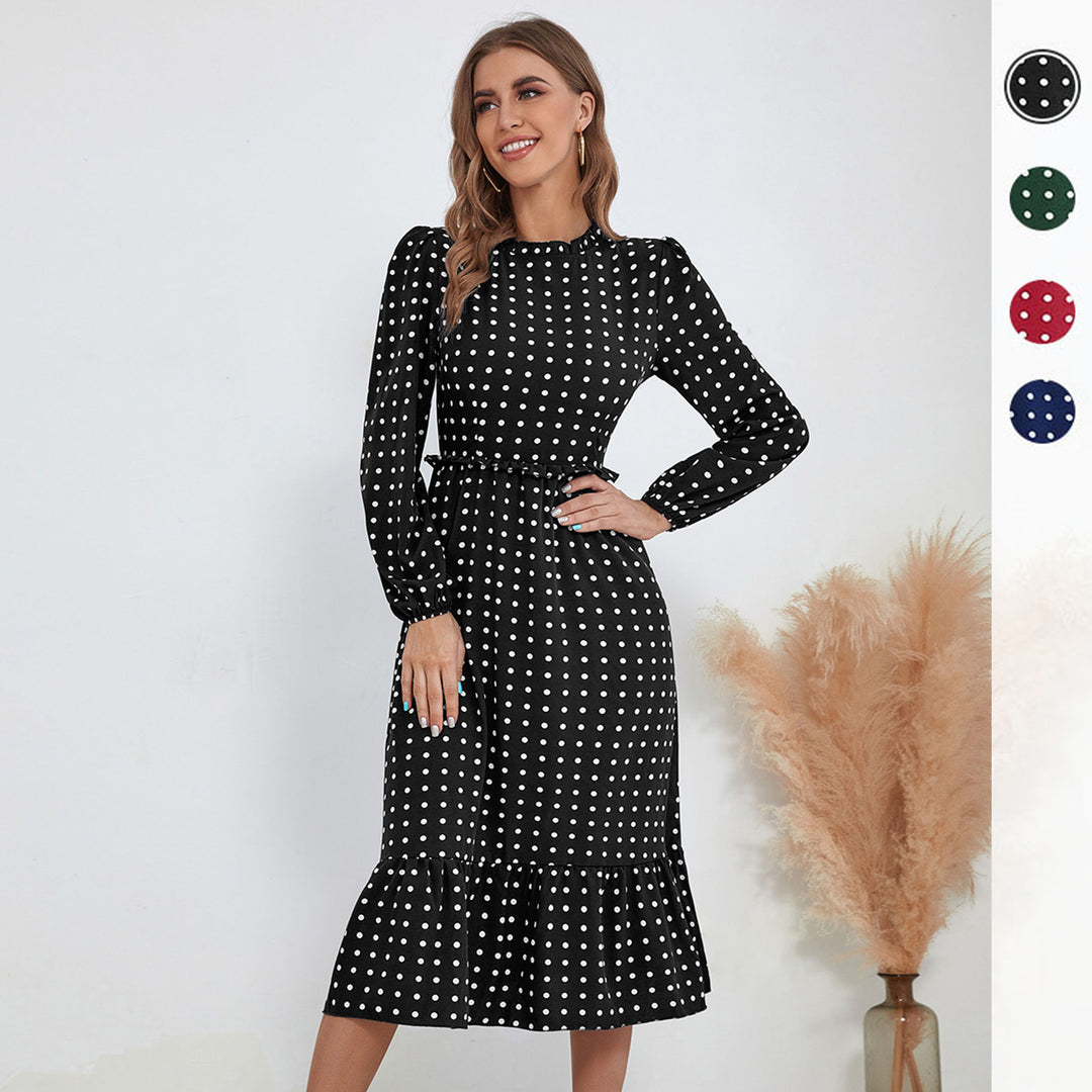 Damen Midikleid im Retro-Polka-Dot-Stil mit Stehkragen, taillierter Raffung und Volant Drune