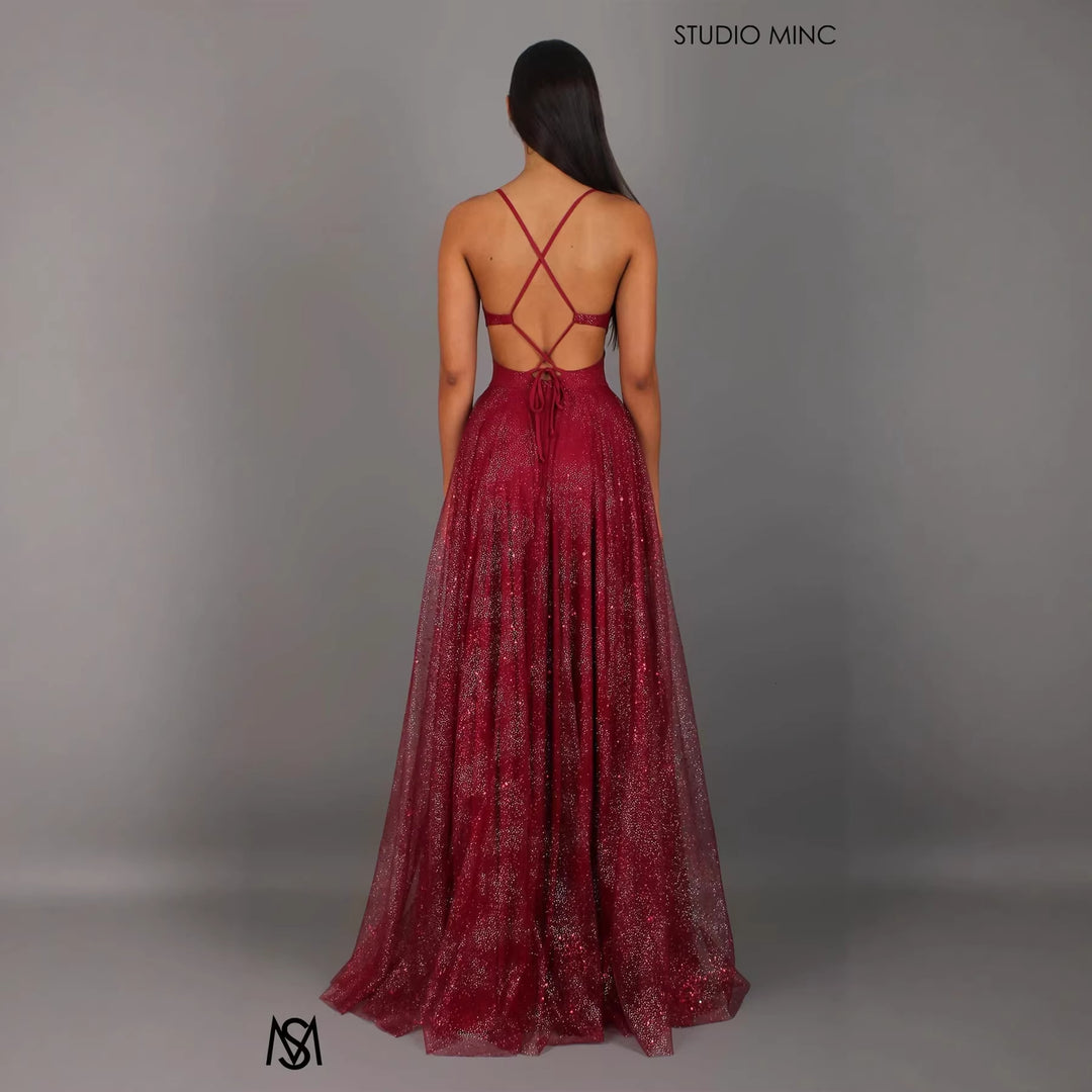 Damen Elegantes Abendkleid mit glamourösem V-Ausschnitt und funkelndem Tüll Drune