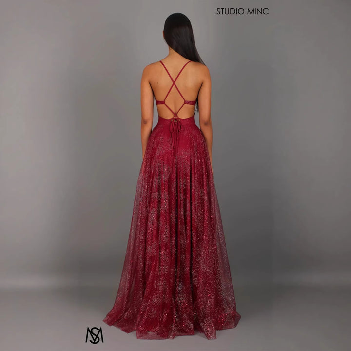 Damen Elegantes Abendkleid mit glamourösem V-Ausschnitt und funkelndem Tüll Drune