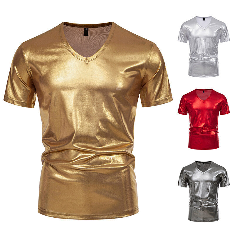 Herren V-Ausschnitt T-Shirt aus glänzendem Material mit persönlichem Stil Drune
