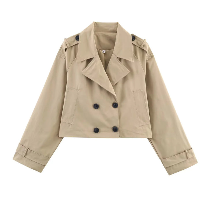 Damen nan cropped Trenchjacke mit doppelreihiger Knopfleiste, Schulterklappen und verstellbaren Manschetten Drune