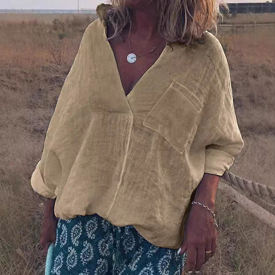 Damen Oversized Leinen-Look Bluse mit tiefem V-Ausschnitt, aufgesetzter Brusttasche und hochgerollten Dreiviertelärmel Drune