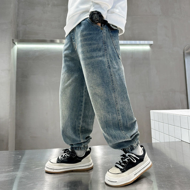 Unisex lässige Denim-Hose mit elastischem Bund Drune