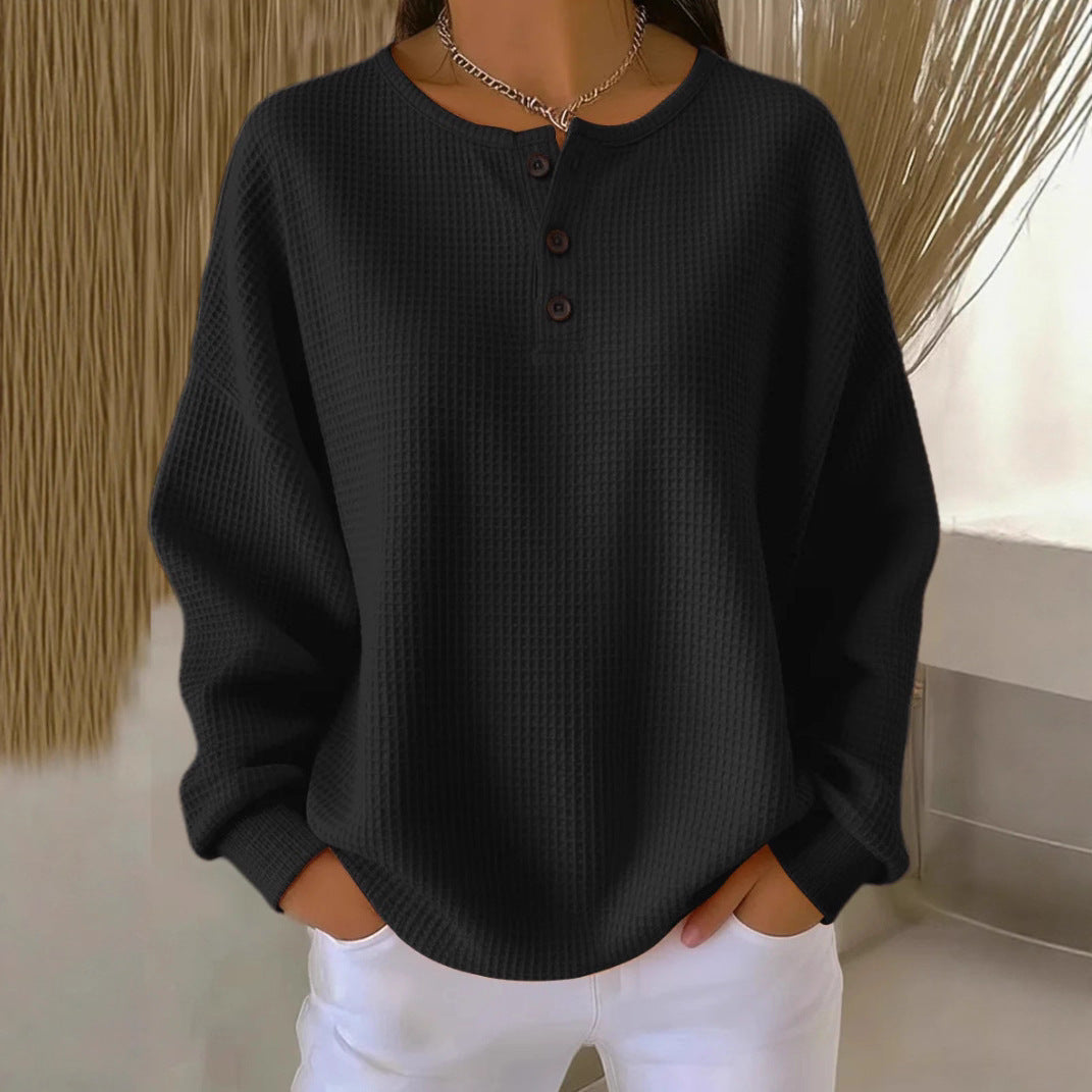 Damen nan Oversized Waffelstrick Henley-Pullover mit Knopfleiste und abgerundetem Saum Drune