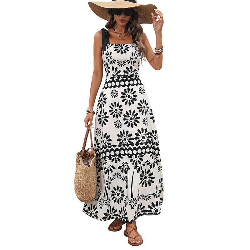 Damen Langes Maxikleid mit geblümtem Print, verstellbaren Schleifen-Trägern und taillierter Stufenrock‑Silhouette Drune