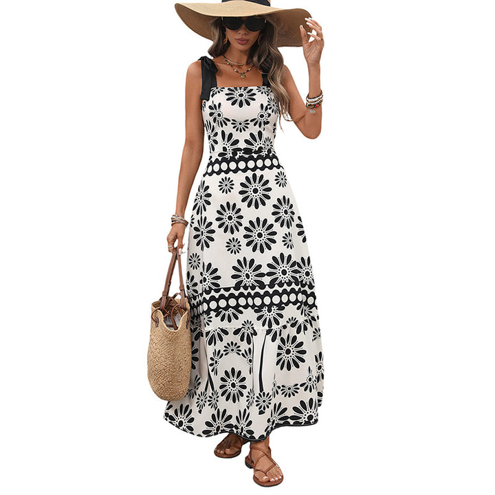 Damen Langes Maxikleid mit geblümtem Print, verstellbaren Schleifen-Trägern und taillierter Stufenrock‑Silhouette Drune