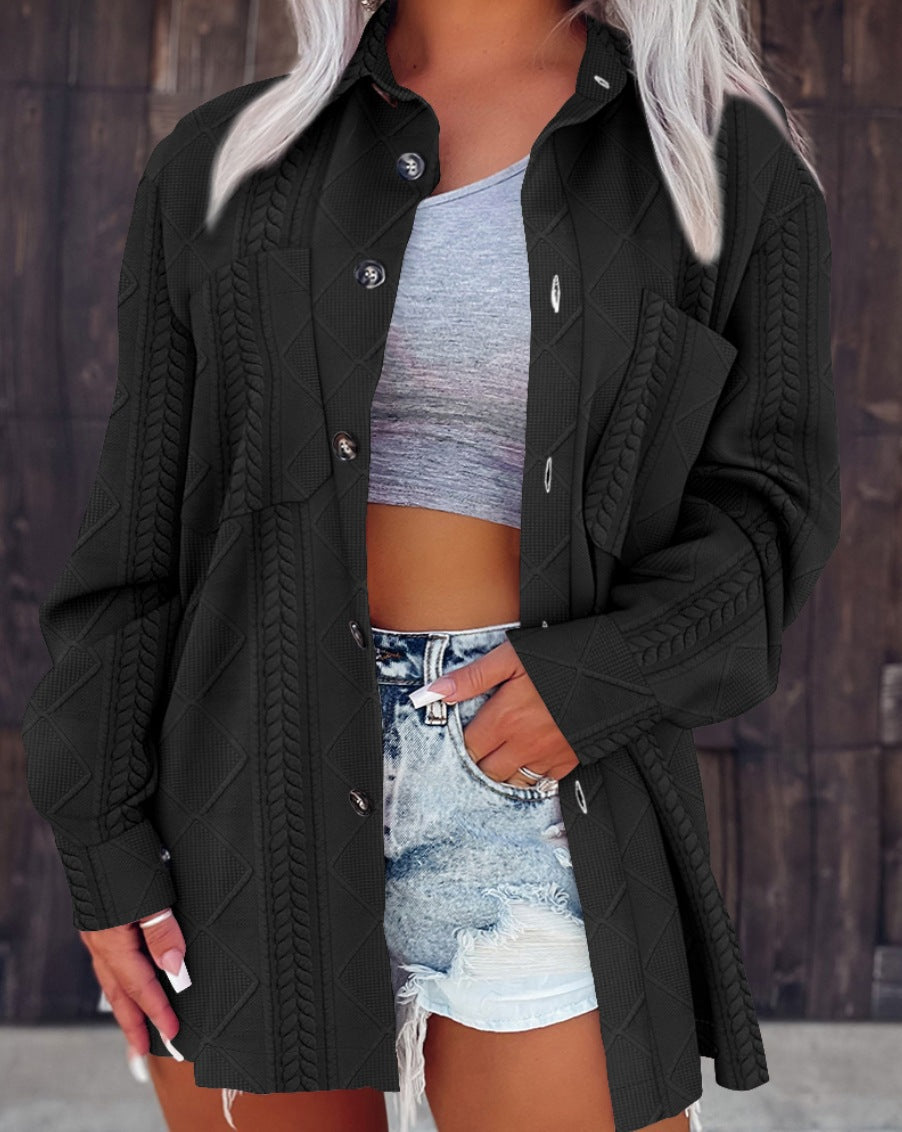 Damen Oversize Strick‑Hemdjacke mit Zopfstrick, Brusttasche und Knopfleiste Drune
