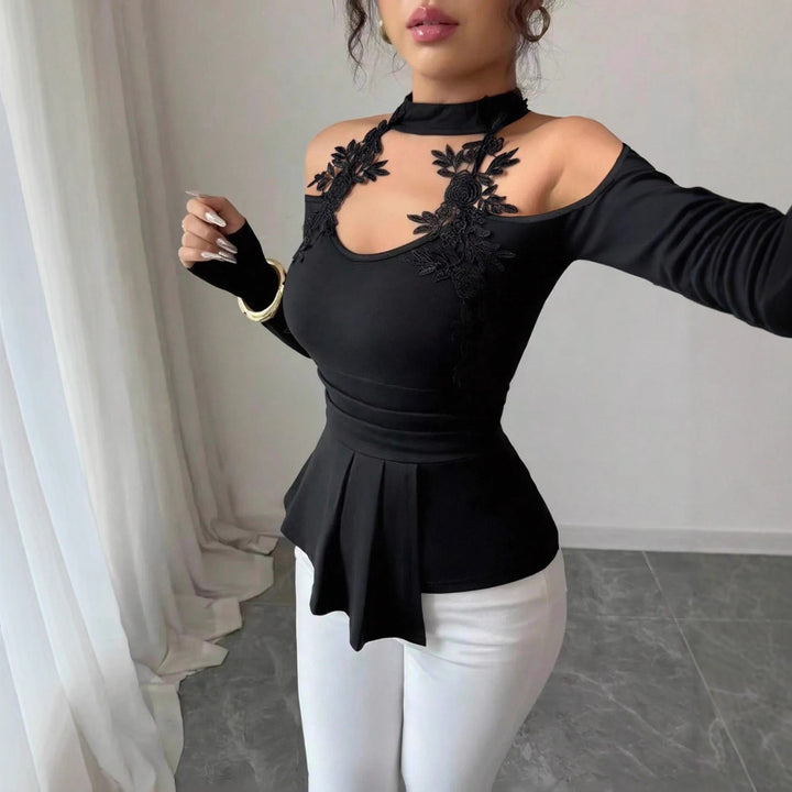 Damen nan schulterfreies Langarm-Top mit Chokerkragen, floralen Spitzenapplikationen und tailliertem Schößchen Drune