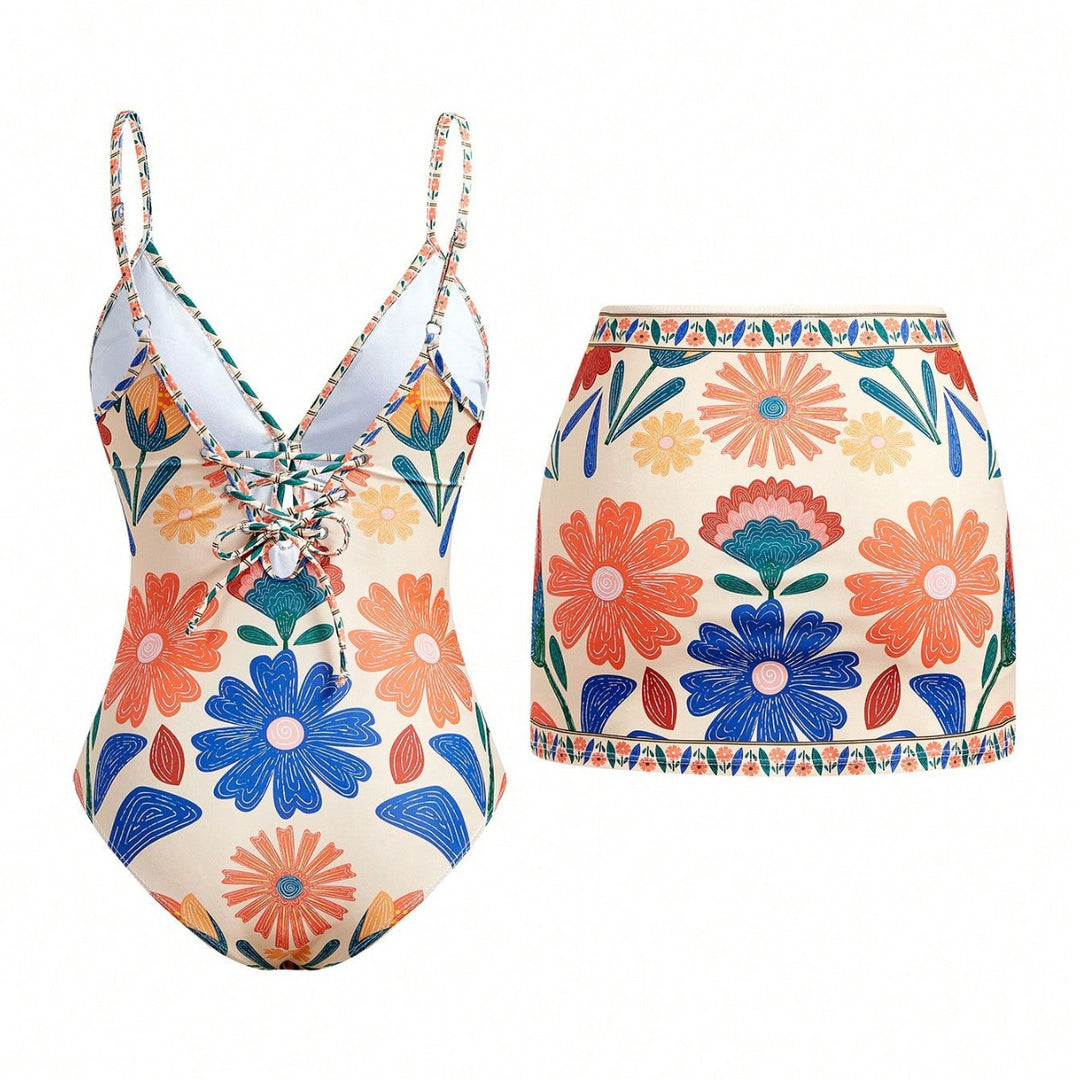 Damen Bikini-Set mit floralem Design und passendem Rock Drune