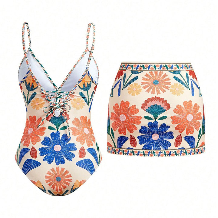 Damen Bikini-Set mit floralem Design und passendem Rock Drune