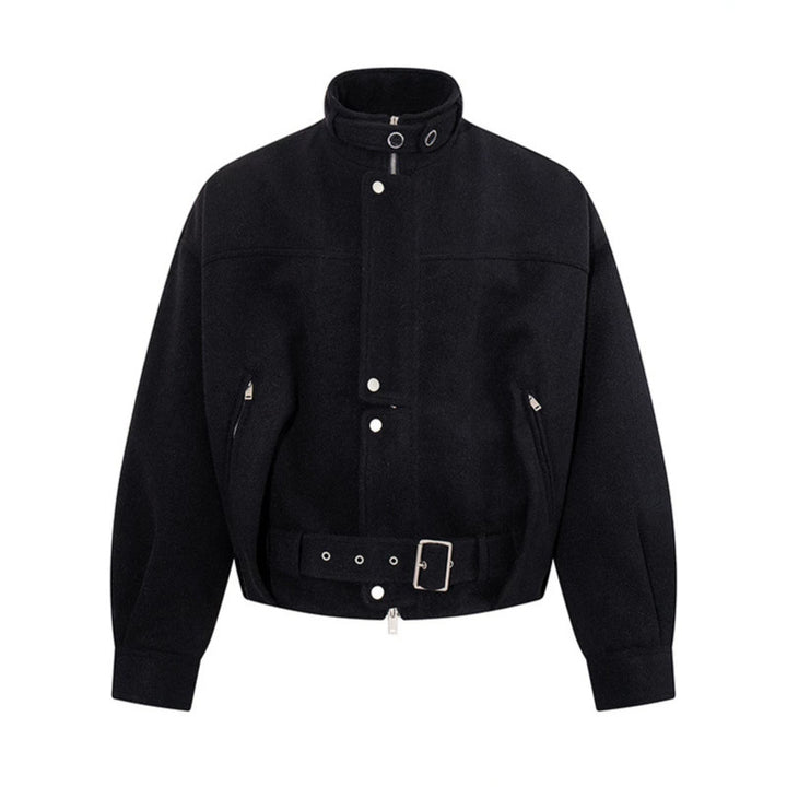 Damen kurze Woll-Bomberjacke mit hohem Stehkragen, Taillengürtel und verdeckter Reißverschluss Drune