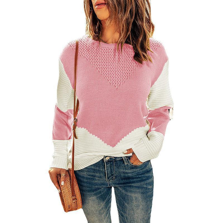 Damen Farbblock-Strickpullover mit strukturiertem Yoke und gerippten Ärmeln Drune