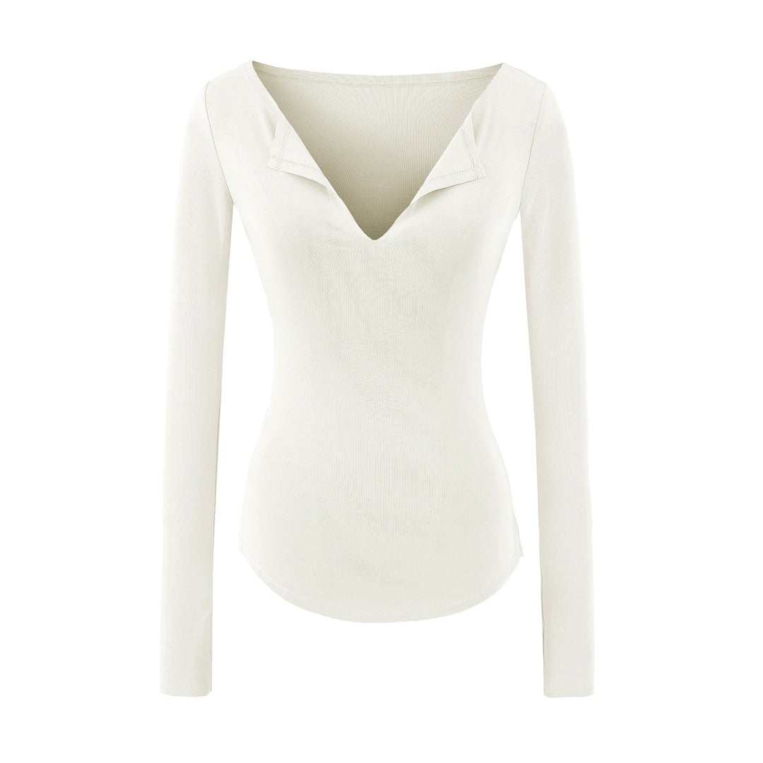 Damen Figurbetontes Rippenstrick-Longsleeve mit tiefem V‑Ausschnitt und Kragenblende Drune