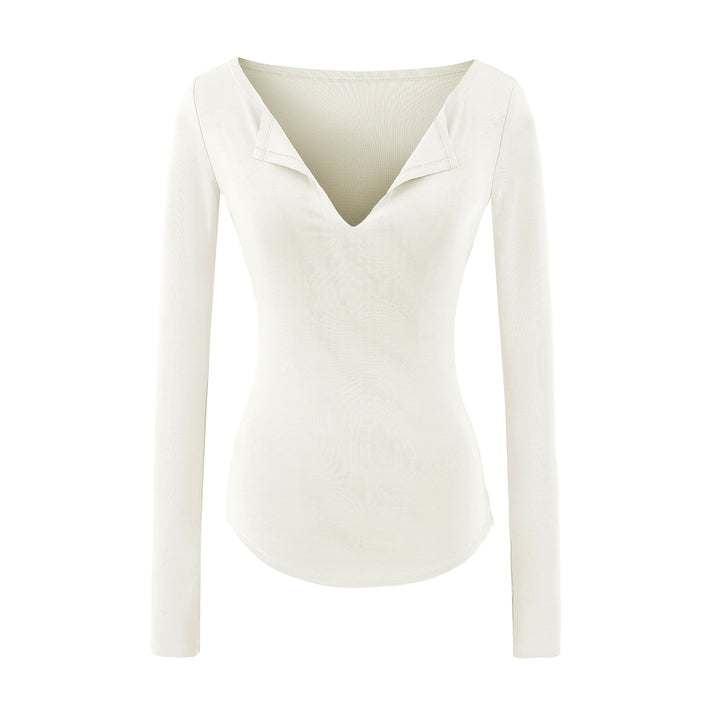 Damen Figurbetontes Rippenstrick-Longsleeve mit tiefem V‑Ausschnitt und Kragenblende Drune