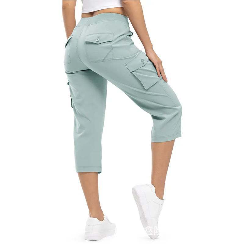Damen Capri Cargo-Hosen in Bermuda-Länge mit hoher Taille und aufgesetzten Klappentaschen Drune