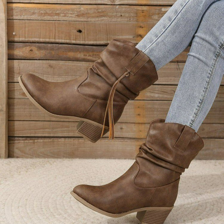 Damen kniehohe Fransen-Cowboystiefel mit feiner Perlenfransen-Verzierung und geformtem Blockabsatz Drune