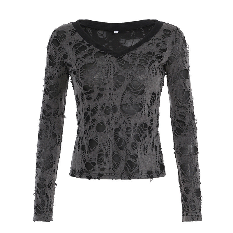 Damen nan transparentes Distressed-Spitzenshirt mit V-Ausschnitt, langärmeligem Layer-Look und innenliegendem Cami Drune