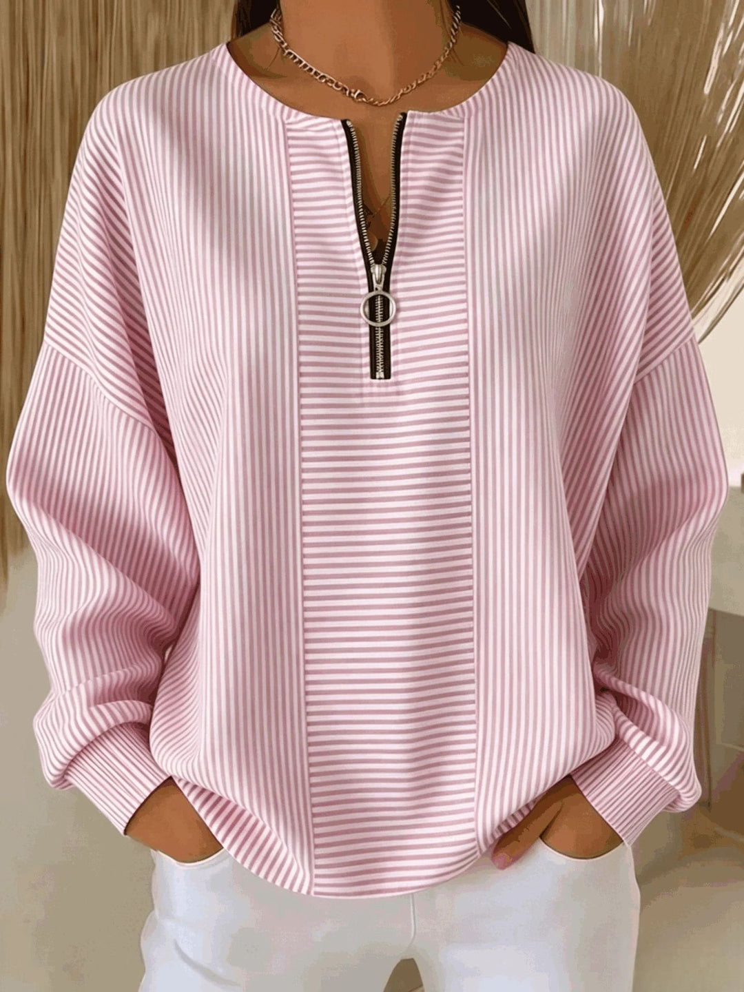 Damen Oversize Pullover mit feiner Rippstruktur und kurzem Zipper Drune