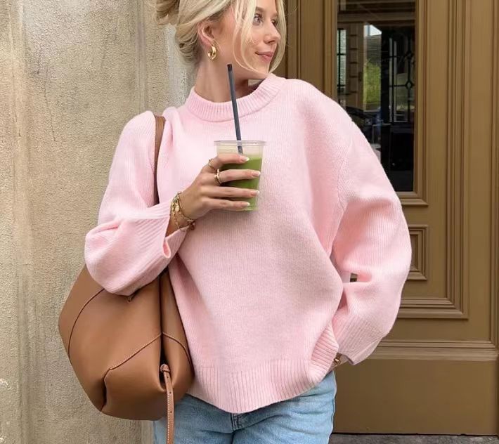 Damen grob gestrickter Pullover mit weiten Ärmeln und Rundhalsausschnitt Drune
